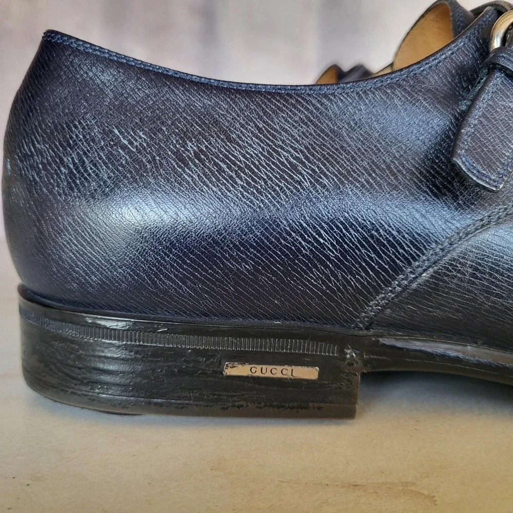 Gucci Monk Strap Shoes Mens US Size 11 Blue Leather Double Buckle Dress 322478